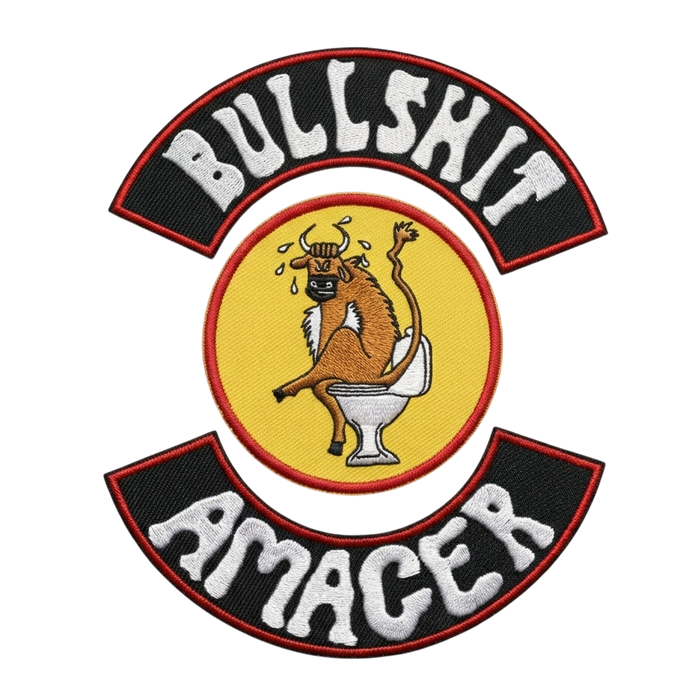 Bullshit Amacer embroidered motorcycle club patch set with cartoon bull on toilet emblem, top and bottom rockers