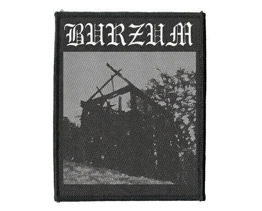 Burzum black metal band woven patch with gothic logo and burned church photo design