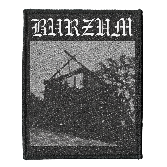 Burzum black metal band woven patch with gothic logo and burned church photo design