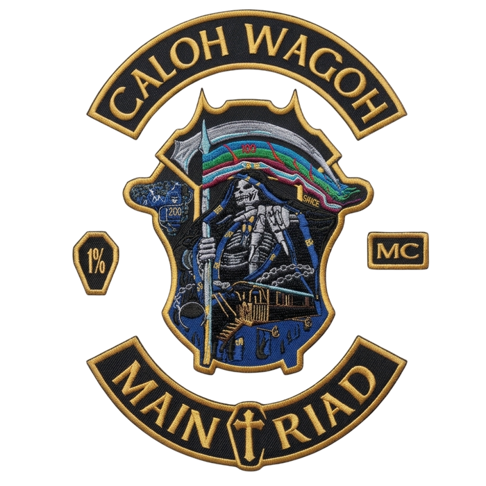 Caloh Wagoh MC Main Triad biker patches with grim reaper scythe design embroidered