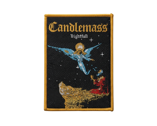 Candlemass Nightfall woven patch with blue angel and red figure on mountain peak album artwork design