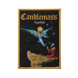 Candlemass Nightfall woven patch with blue angel and red figure on mountain peak album artwork design