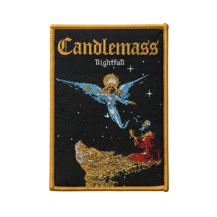 Candlemass Nightfall woven patch with blue angel and red figure on mountain peak album artwork design
