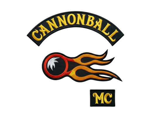 Cannonball MC embroidered motorcycle club patch set with flaming cannonball emblem, top rocker and MC patch