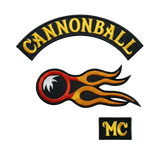 Cannonball MC embroidered motorcycle club patch set with flaming cannonball emblem, top rocker and MC patch