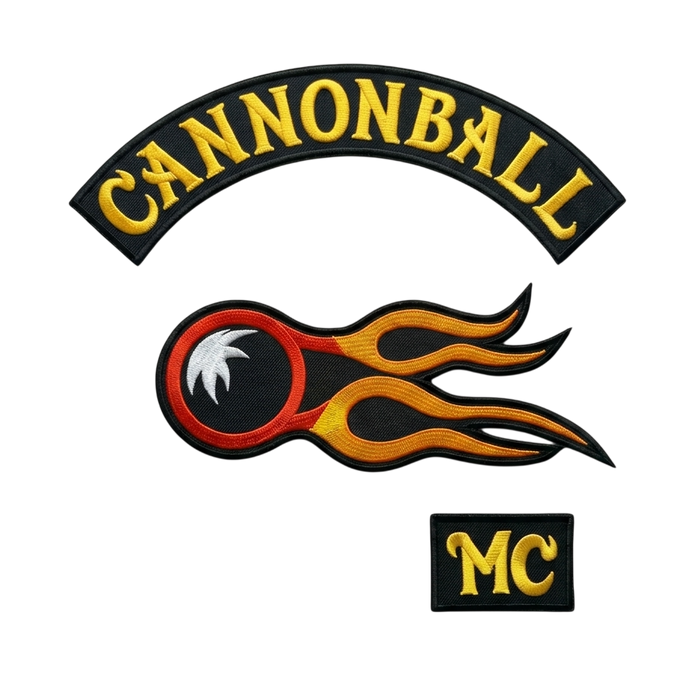 Cannonball MC embroidered motorcycle club patch set with flaming cannonball emblem, top rocker and MC patch