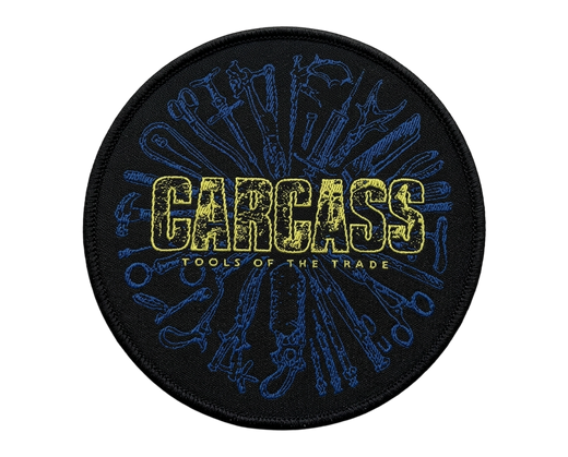 Carcass Tools of the Trade round woven patch with surgical tools design in blue and yellow on black background