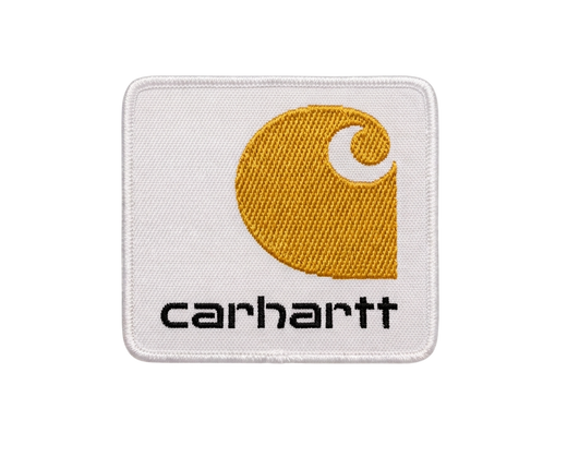 White embroidered patch with the Carhartt logo, showing a gold-yellow stylized “C” symbol above the black word “carhartt”.