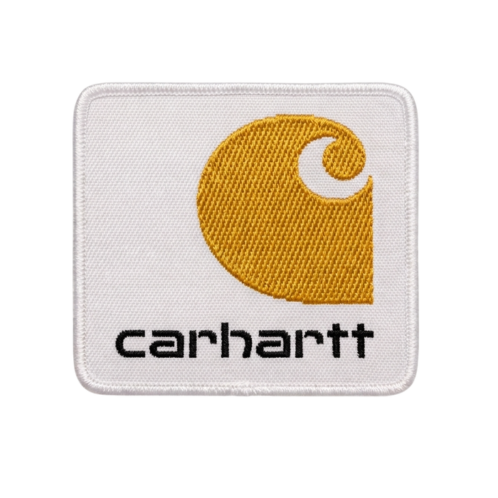 White embroidered patch with the Carhartt logo, showing a gold-yellow stylized “C” symbol above the black word “carhartt”.