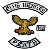 Club Deroes Perth embroidered motorcycle club patch set with golden eagle emblem, MC patch and bottom rocker