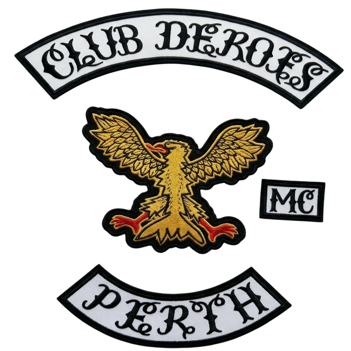 Club Deroes Perth embroidered motorcycle club patch set with golden eagle emblem, MC patch and bottom rocker