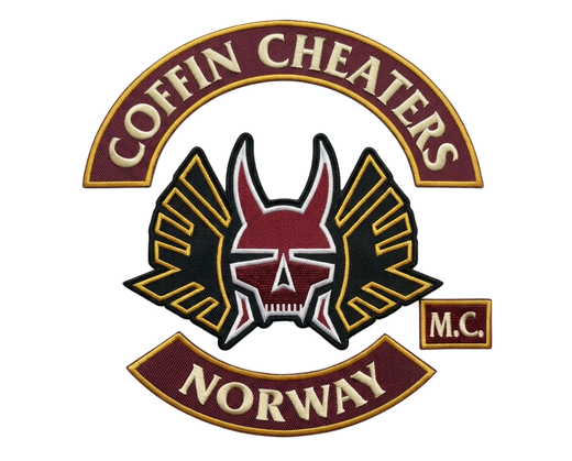 Coffin Cheaters Norway embroidered motorcycle club patch set with winged devil skull emblem, MC patch and bottom rocker