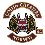 Coffin Cheaters Norway embroidered motorcycle club patch set with winged devil skull emblem, MC patch and bottom rocker