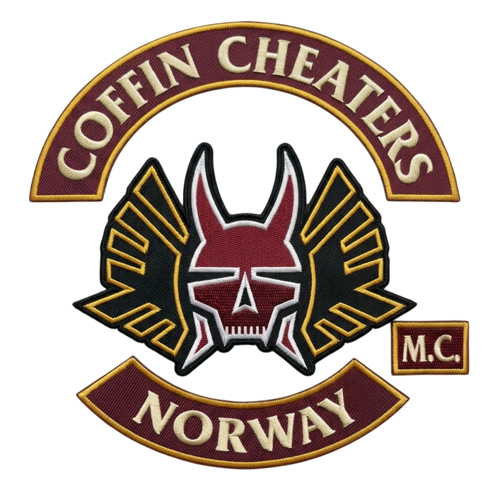 Coffin Cheaters Norway embroidered motorcycle club patch set with winged devil skull emblem, MC patch and bottom rocker