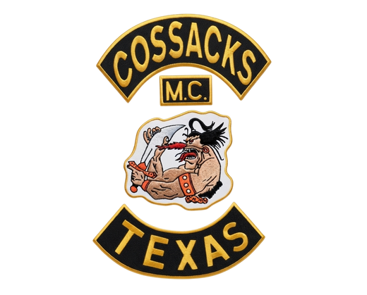 Cossacks Motorcycle Club embroidered patch featuring a traditional biker design, Cossacks MC lettering, and Texas rocker patch