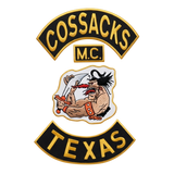 Cossacks Motorcycle Club embroidered patch featuring a traditional biker design, Cossacks MC lettering, and Texas rocker patch