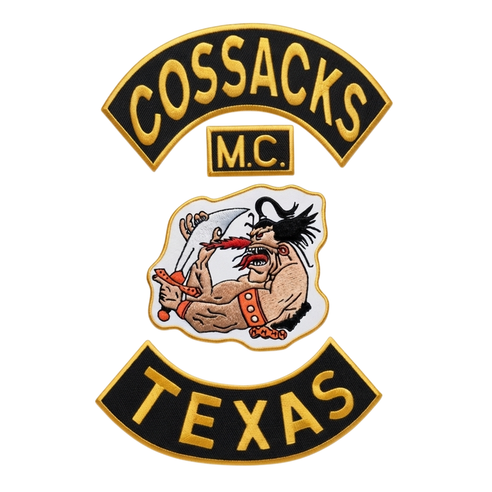 Cossacks Motorcycle Club embroidered patch featuring a traditional biker design, Cossacks MC lettering, and Texas rocker patch