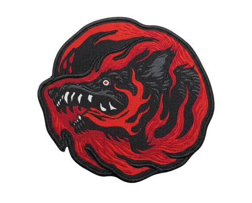 Custom woven stickers patch - red and black fire wolf design with sharp teeth die-cut shape