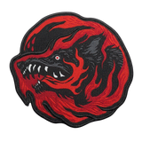 Custom woven stickers patch - red and black fire wolf design with sharp teeth die-cut shape