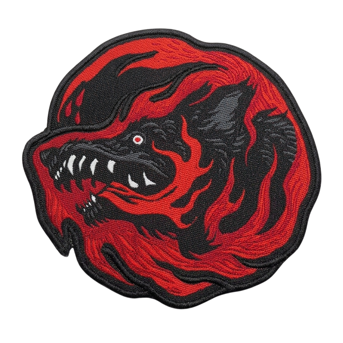 Custom woven stickers patch - red and black fire wolf design with sharp teeth die-cut shape