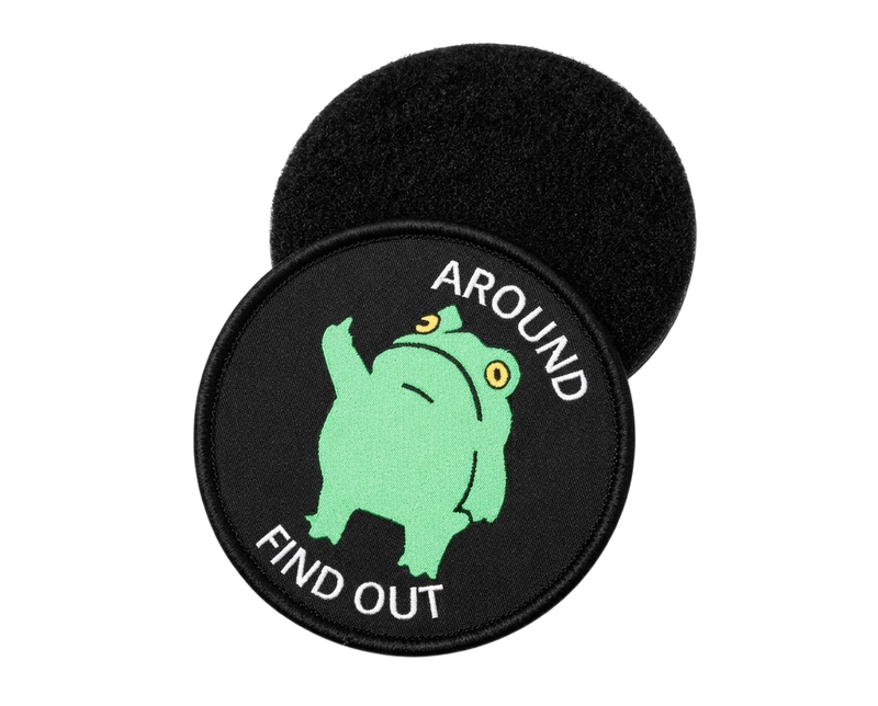 Custom velcro patch - funny green frog "Around Find Out" round patch with hook and loop backing