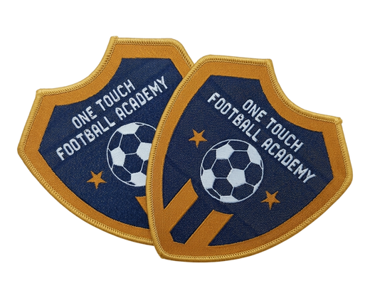 One Touch Football Academy shield-shaped woven patch with soccer ball and star design in navy and gold
