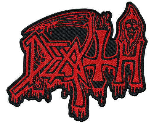 Red and black woven patch of the band Death’s logo, with a scythe curving over the top and a hooded skull figure on the right.