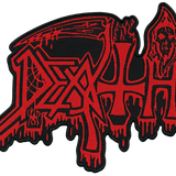 Red and black woven patch of the band Death’s logo, with a scythe curving over the top and a hooded skull figure on the right.