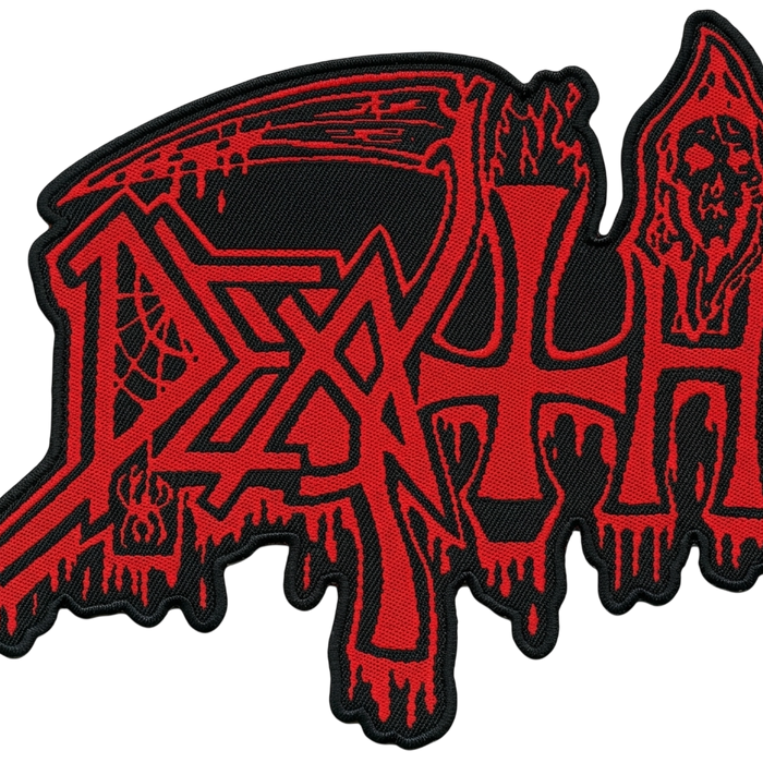 Red and black woven patch of the band Death’s logo, with a scythe curving over the top and a hooded skull figure on the right.