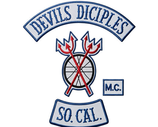 Devils Disciples motorcycle club embroidered patches with So. Cal. rocker