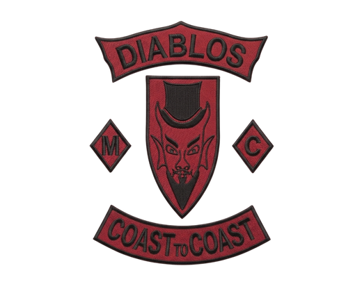 Diablos MC patches 5-piece embroidered set with devil top hat center, M and C diamonds, and Coast to Coast rocker