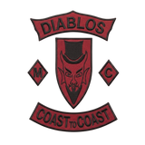 Diablos MC patches 5-piece embroidered set with devil top hat center, M and C diamonds, and Coast to Coast rocker