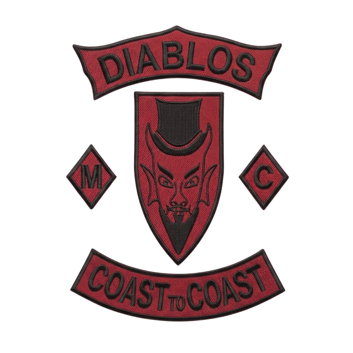 Diablos MC patches 5-piece embroidered set with devil top hat center, M and C diamonds, and Coast to Coast rocker