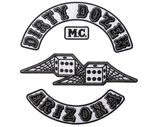 Dirty Dozen Arizona embroidered motorcycle club patch set with winged dice emblem, MC patch, top and bottom rockers