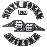 Dirty Dozen Arizona embroidered motorcycle club patch set with winged dice emblem, MC patch, top and bottom rockers