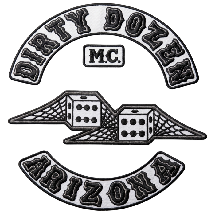 Dirty Dozen Arizona embroidered motorcycle club patch set with winged dice emblem, MC patch, top and bottom rockers