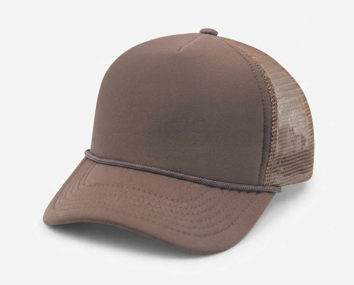 5 Panel High Profile Foam Mesh Back Trucker Cap w/Rope