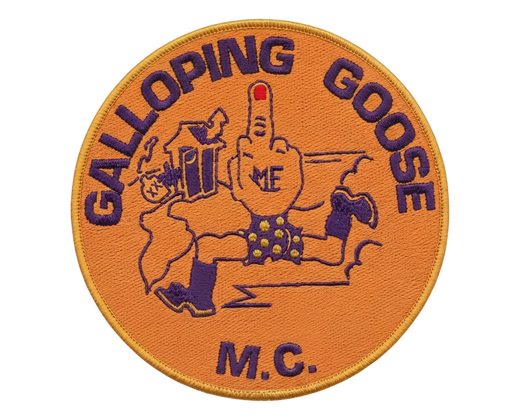 Galloping Goose motorcycle club patches, round orange patch with purple stitching, cartoon mascot and M.C. text