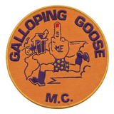 Galloping Goose motorcycle club patches, round orange patch with purple stitching, cartoon mascot and M.C. text