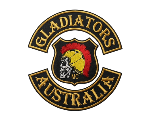 Gladiators Australia embroidered motorcycle club patch set with Spartan helmet skull shield emblem, top and bottom rockers