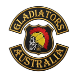 Gladiators Australia embroidered motorcycle club patch set with Spartan helmet skull shield emblem, top and bottom rockers
