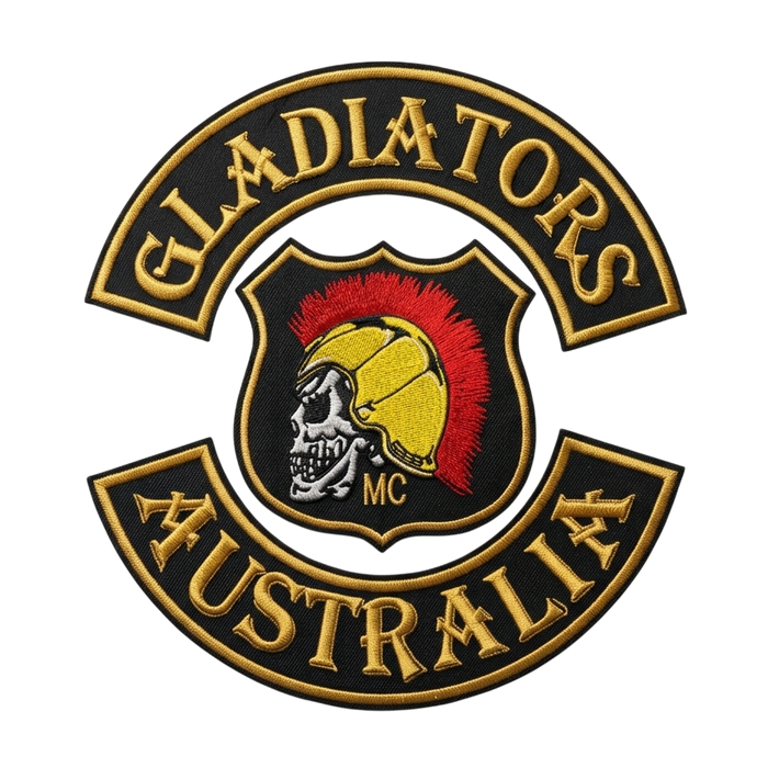 Gladiators Australia embroidered motorcycle club patch set with Spartan helmet skull shield emblem, top and bottom rockers