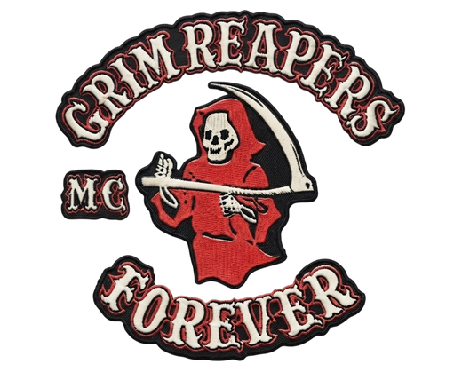 Grim Reapers motorcycle club patches with red skeleton reaper, GRIM REAPERS top rocker and FOREVER bottom rocker
