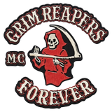 Grim Reapers motorcycle club patches with red skeleton reaper, GRIM REAPERS top rocker and FOREVER bottom rocker