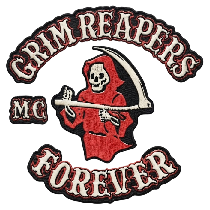 Grim Reapers motorcycle club patches with red skeleton reaper, GRIM REAPERS top rocker and FOREVER bottom rocker
