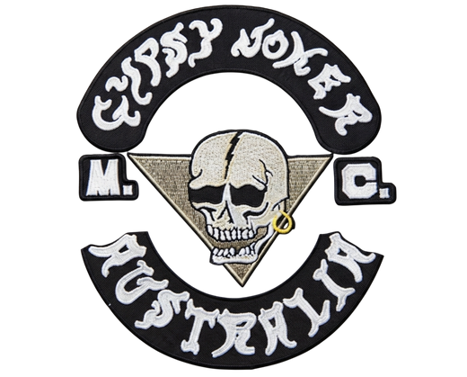 Gypsy Jokers motorcycle club patches with skull triangle design, top rocker and AUSTRALIA bottom rocker