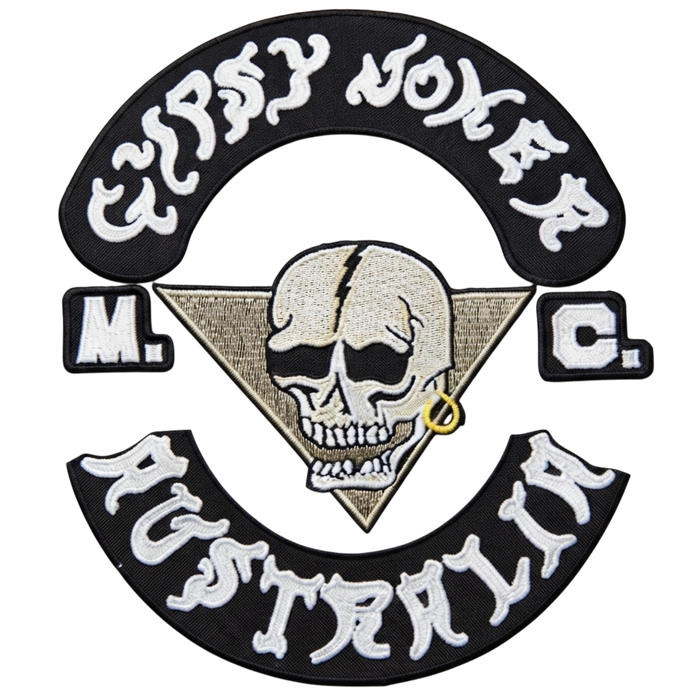Gypsy Jokers motorcycle club patches with skull triangle design, top rocker and AUSTRALIA bottom rocker