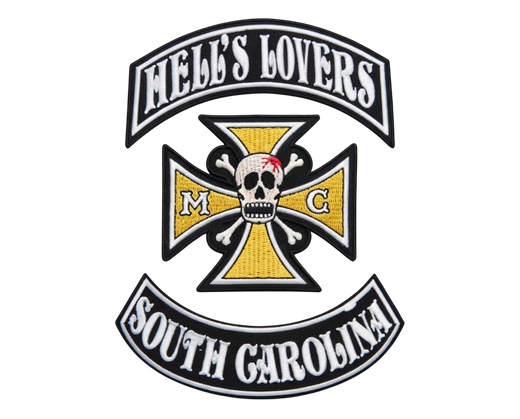 Hell's Lovers South Carolina embroidered motorcycle club patch set with skull and crossbones iron cross emblem, top and bottom rockers