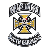 Hell's Lovers South Carolina embroidered motorcycle club patch set with skull and crossbones iron cross emblem, top and bottom rockers