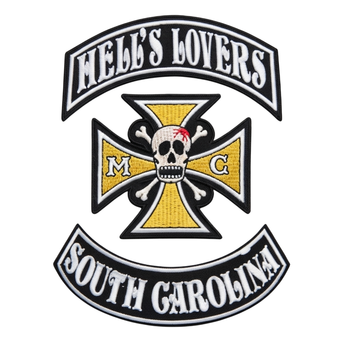 Hell's Lovers South Carolina embroidered motorcycle club patch set with skull and crossbones iron cross emblem, top and bottom rockers